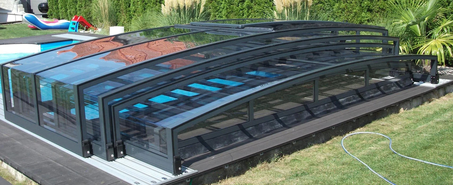 Bassengovertrekk Special 4×8 uten ramme klar plast sidedør antrasitt