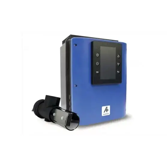 Albixon Neosalt saltklorinator blå styrinverter med svart panel och sensor