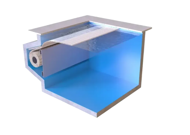 Aquatop nersänkt pool 4m bredd med blått vatten, vitt filtersystem och metallram