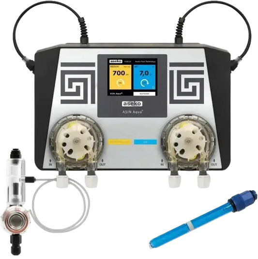 Aseko Asin Aqua svart-silver vattenreningssystem med pH-display och pumpar