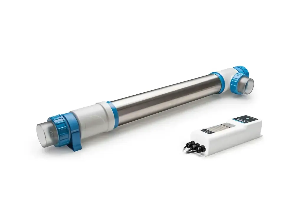 Pahlen UV Puriq varmvattenberedare med silverblå cylinder för säker desinfektion