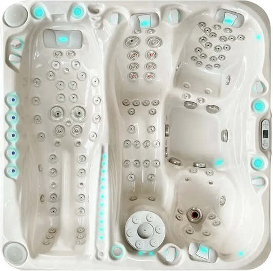 Vit PassionSpa Euphoria Mighty Wave Spabad med vita hottub, silverstrålar och blå LED-belysning
