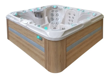 PassionSpa Joy Spabad med vit träimitation och turkosa LED-ljus