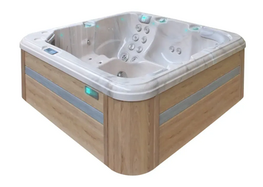 Modern PassionSpa Relax Spabad med ljus träutsida, vit insida, jetmunstycken och blå LED-belysning
