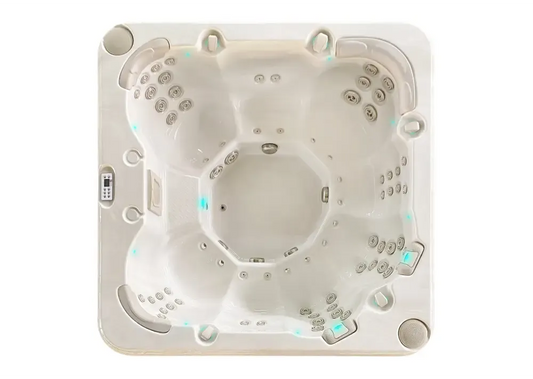 PassionSpa Resettle Spabad Pure Collection med krämfärgad badtunna blå LED-belysning och jetmunstycken