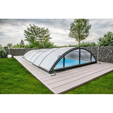 Pooltak Klasik 5×12 med klar kanalplast och extra starka profiler över pool