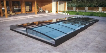 Ultra lågt pooltak Sydney 4x7 med svart ram och blåtonat glas