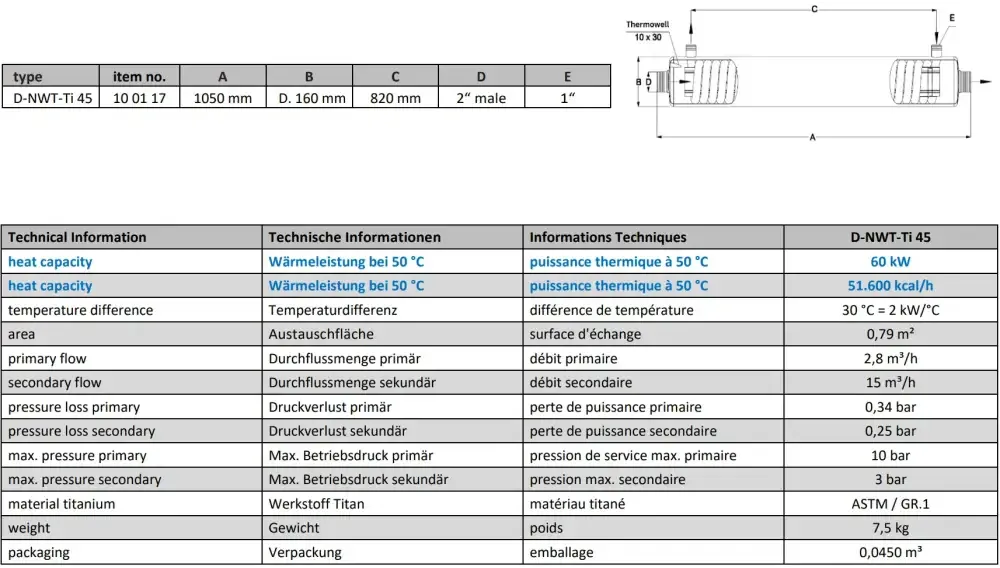 Titanium värmeväxlare D-NWT-TI 45 med minimal tryckförlust för energieffektivitet
