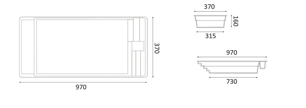 Glassfiberbasseng Trinidad 9,70m x 3,70m x 1,60m