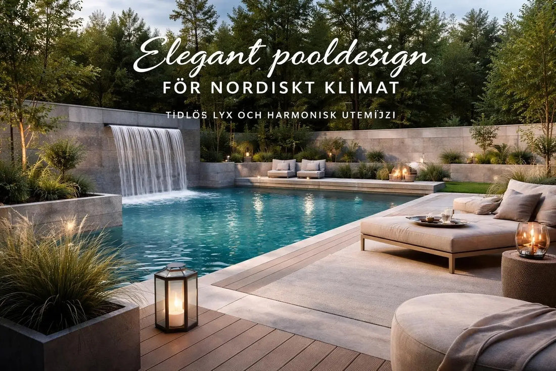 Elegant turkos pool med kaskadfall, stenomfattning för skandinaviskt klimat