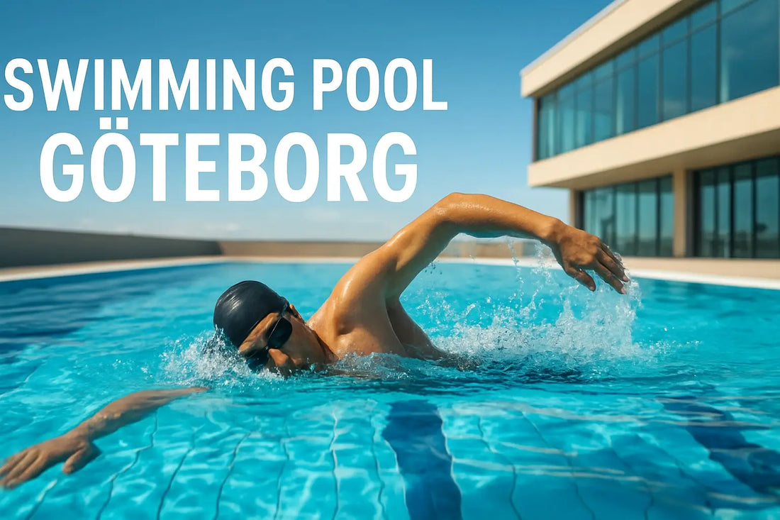 Simmare i svart mössa och glasögon glider genom klart blått poolvatten i Göteborg.