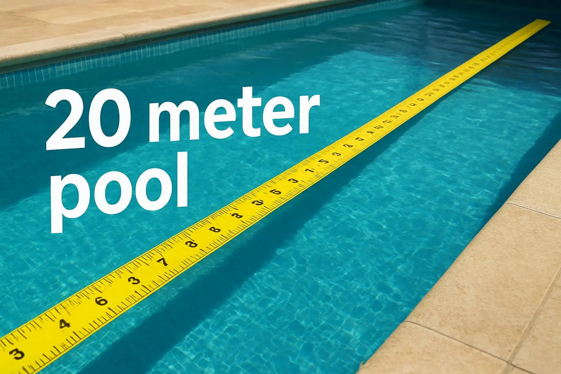 Gul måttband med svarta siffror i blå poolvatten mot pooldrömmen 2026
