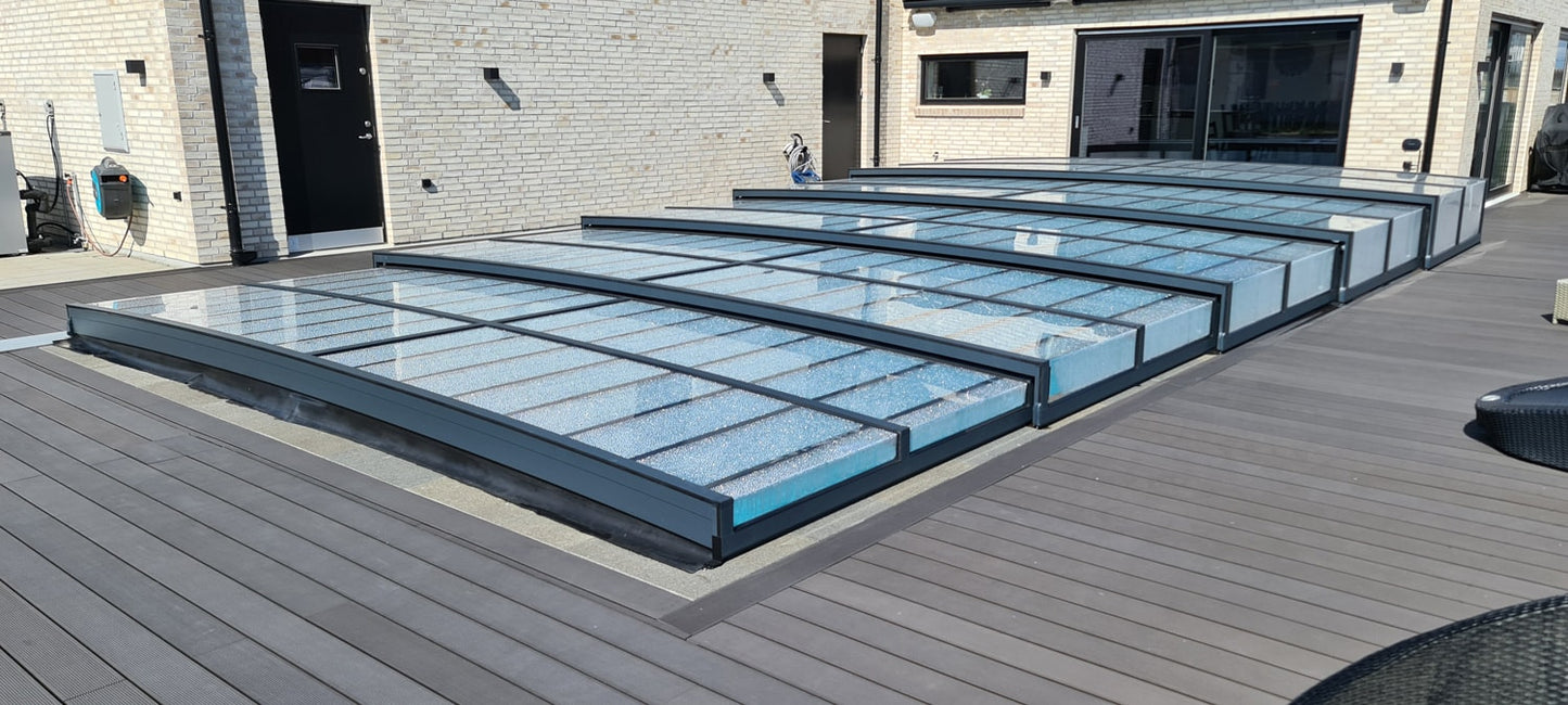 Bassengovertrekk ICON KIT S1 3×6 (klart glass, sidedør, enkel skinne, antrasitt)