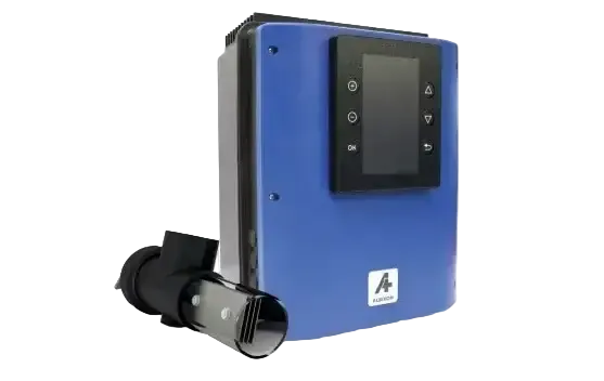 Albixon Neosalt saltklorinator blå styrinverter med svart panel och sensor