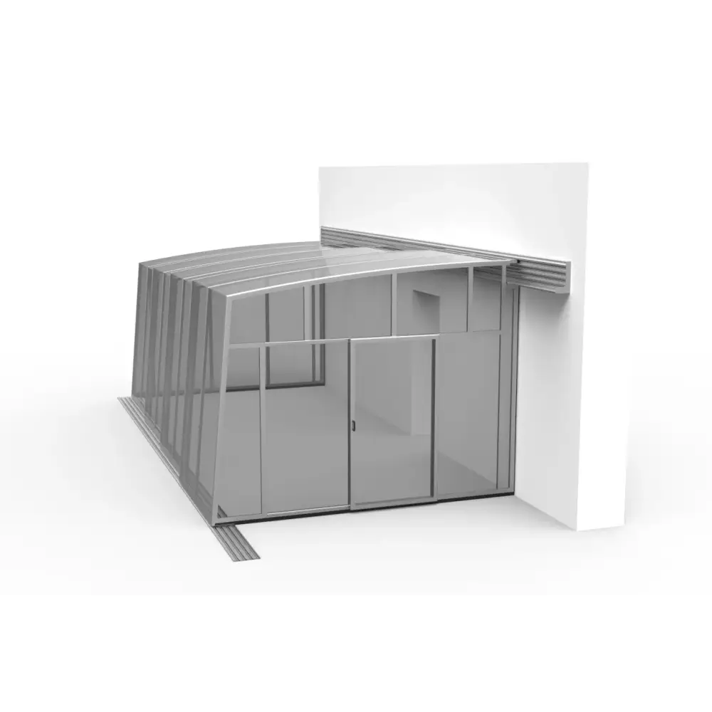Modern Altantak Terasstak pooltak med silvertonad glas och aluminium, kurvad tak och skjutdörrar