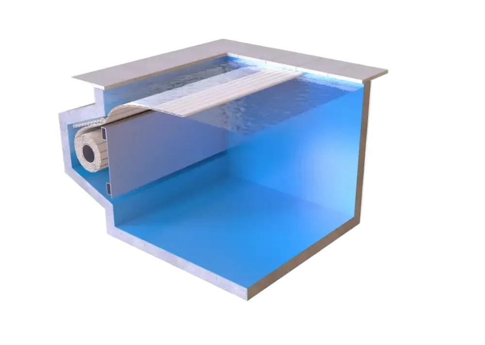 Blått basseng – hvit plattform, synlig varmesystem, 60 x 14 mm, ekstern motor