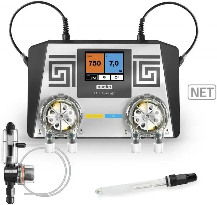 Asin Aqua Net silver-svart vattenkvalitetsövervakningssystem med digital display för pH, konduktivitet och temperatur