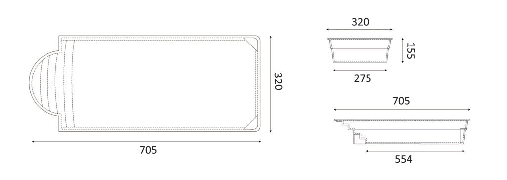 Glassfiberbasseng Aves 705 7,05m x 3,20m x 1,55m