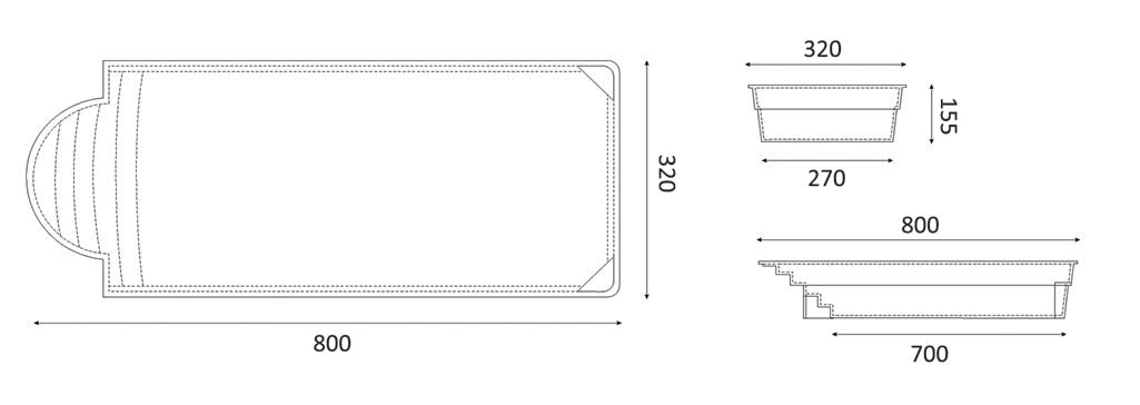 Glassfiberbasseng Aves 800 8,00m x 3,20m x 1,55m