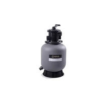 Grå cylindrisk Brilix P350 sandfilter med svart topp och bas, 4m³ kapacitet