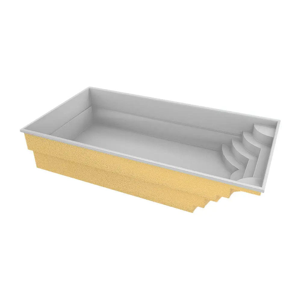 Blå rektangulär glasfiberpool Aruba med guldtexturerad exteriör och trappor