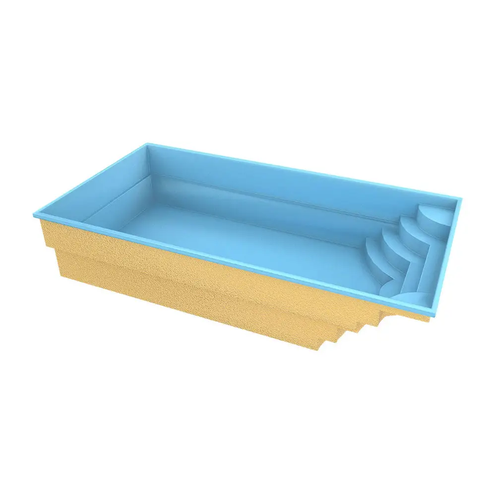 Blå rektangulär glasfiberpool Aruba med inbyggda steg och kaklad omgivning