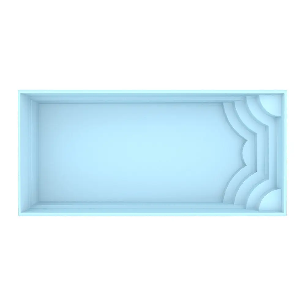 Ljusblå rektangulär glasfiberpool Aruba med glasräcke och kurvad panel