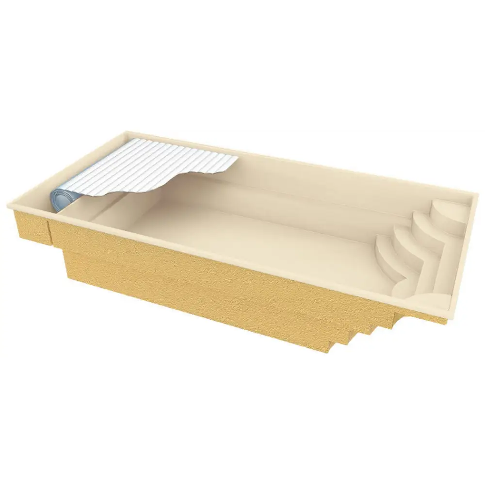 Beige glasfiberpool Aruba Plus med integrerade steg och vit liner