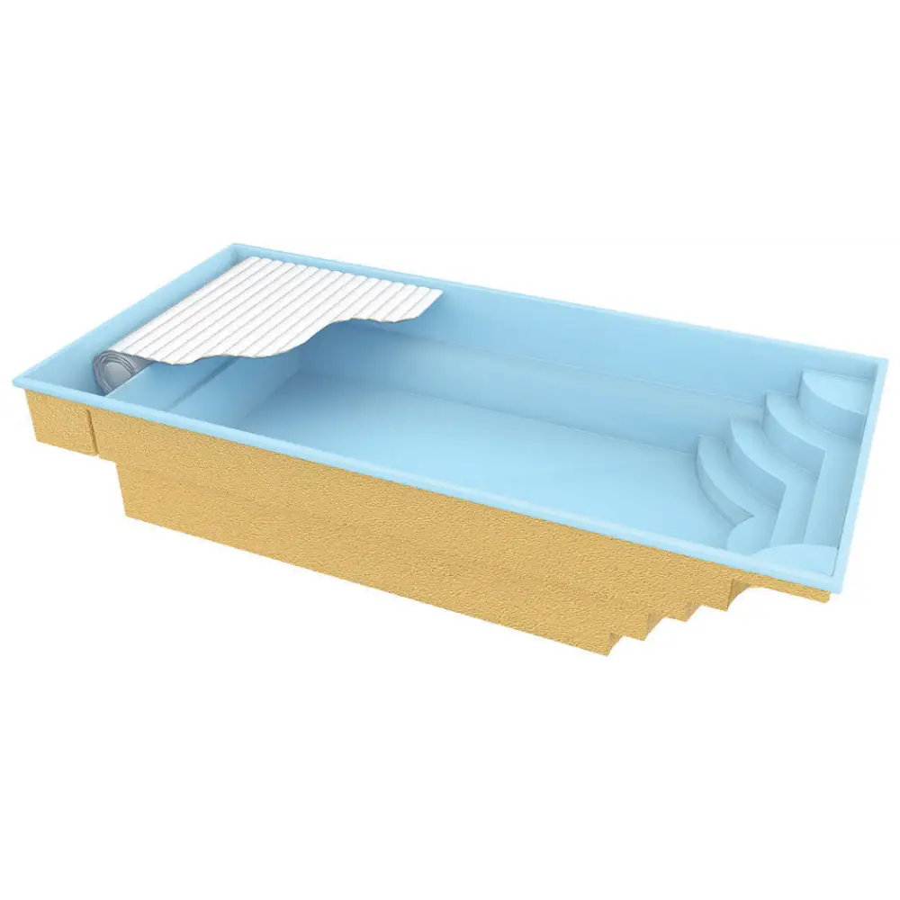 Ljusblå rektangulär glasfiberpool Aruba Plus med trappsteg och klart vatten