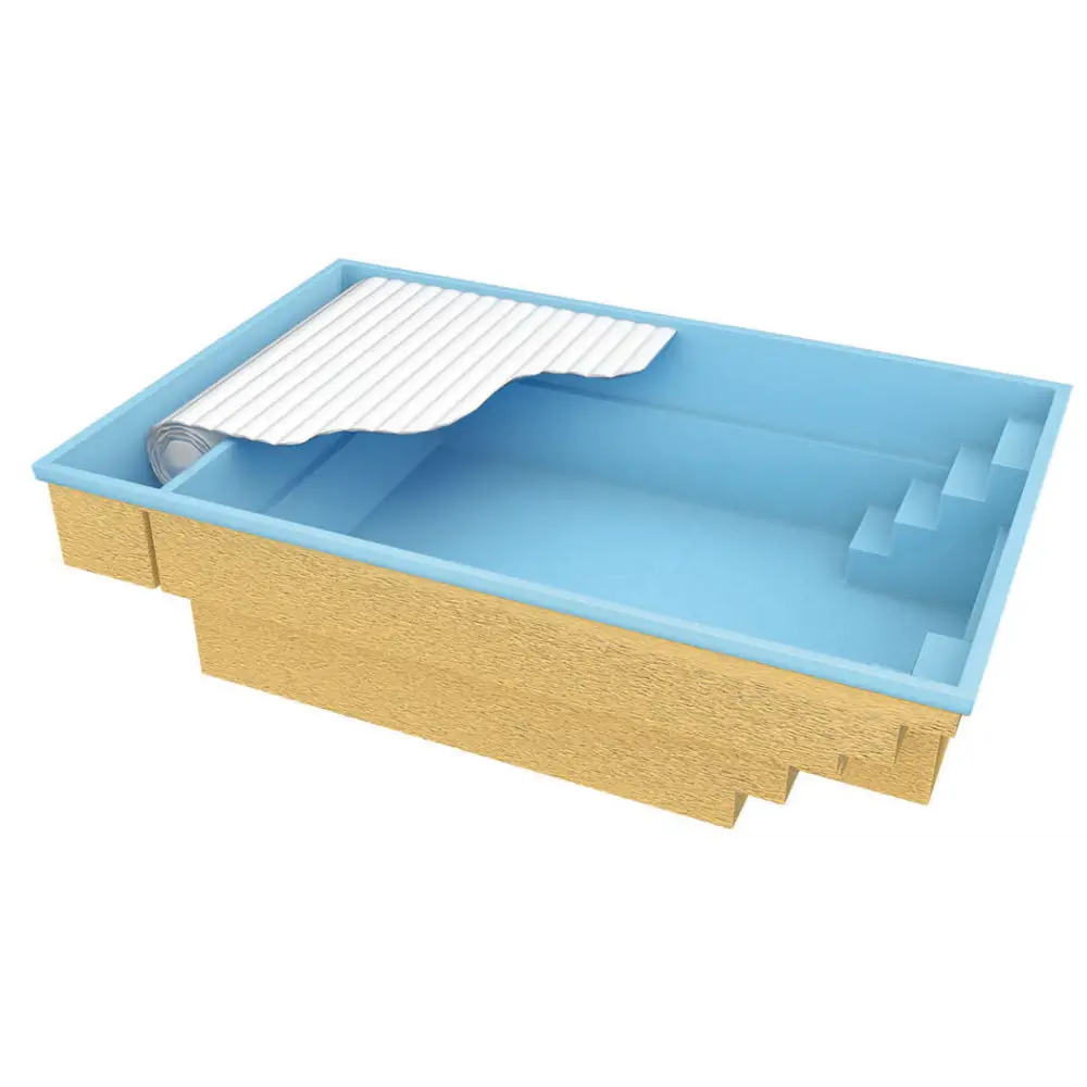 Blå glasfiberpool Bahama med förstärkt polyester, pool med delvis uppkavlad vit korrugerad täckning