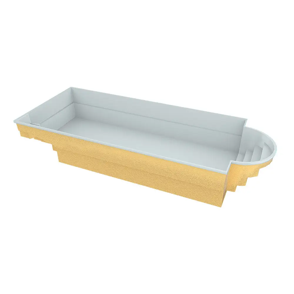 Gul rektangulär glasfiberpool Barbados 9,40m x 3,70m med vit insida och kurvig trappa