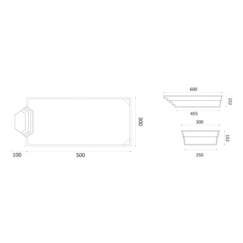 Glasfiberpool Grenada med intressant form, bekväma sittplatser och rektangulär planter