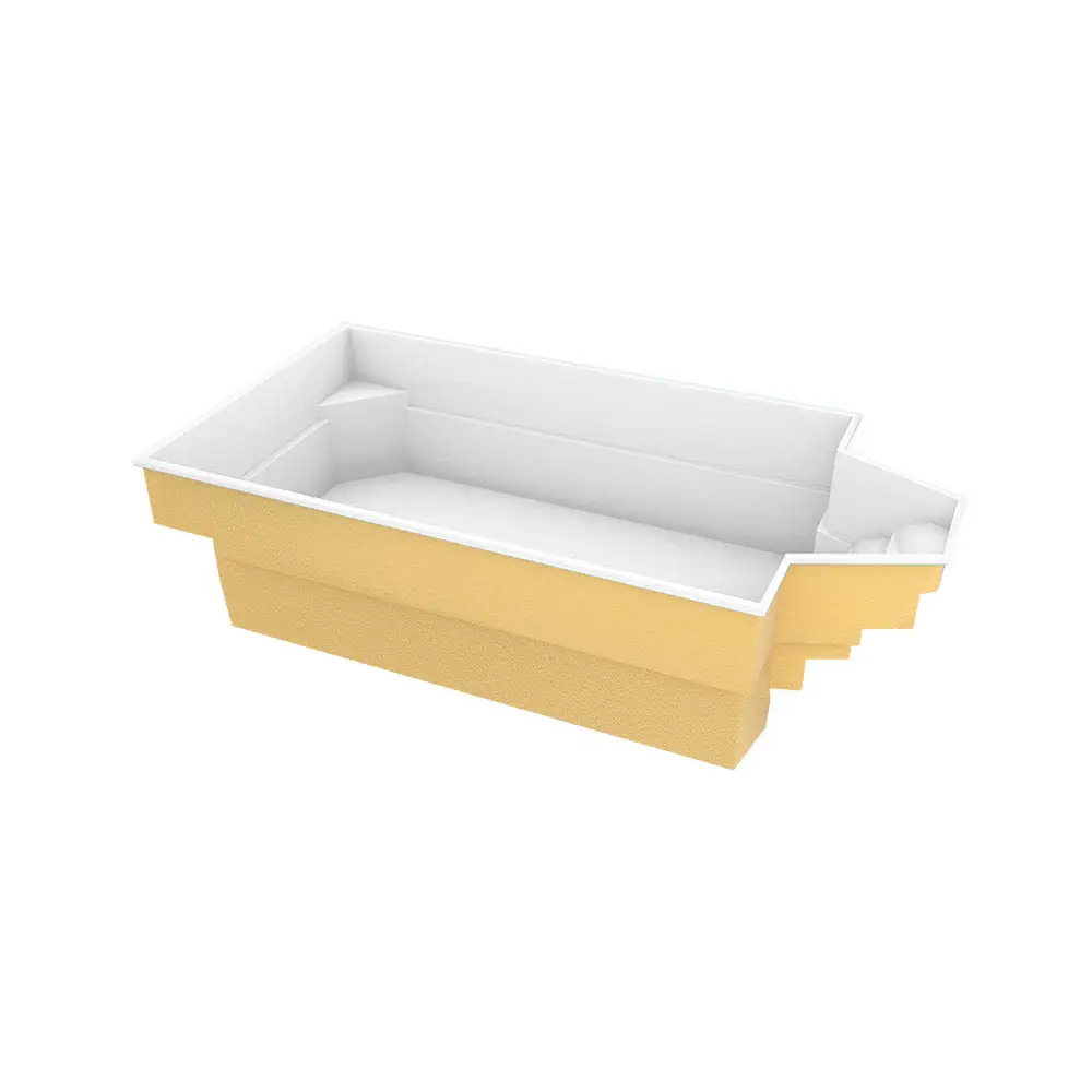 Glasfiberpool Grenada med intressant form, bekväma sittplatser och gula-vita steg