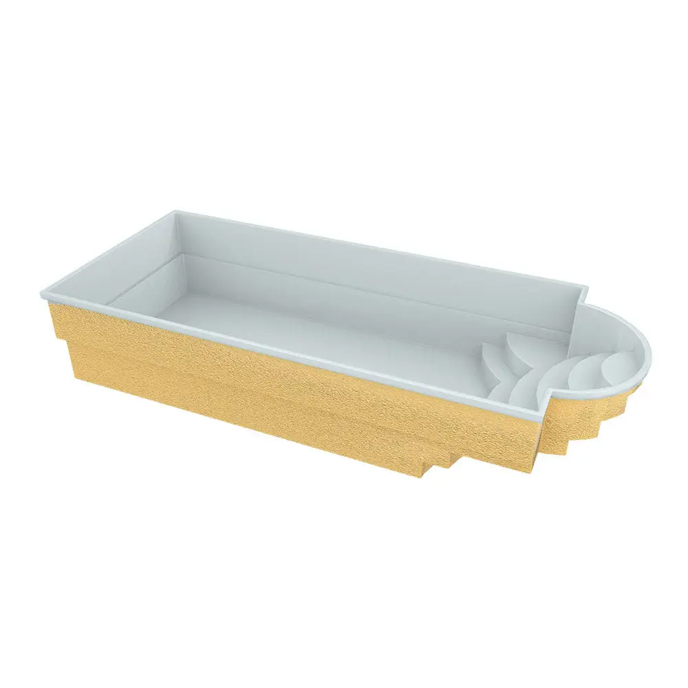 Glasfiberpool Haiti med avrundad trappa i guldtexturerad rektangulär form med vit interiör