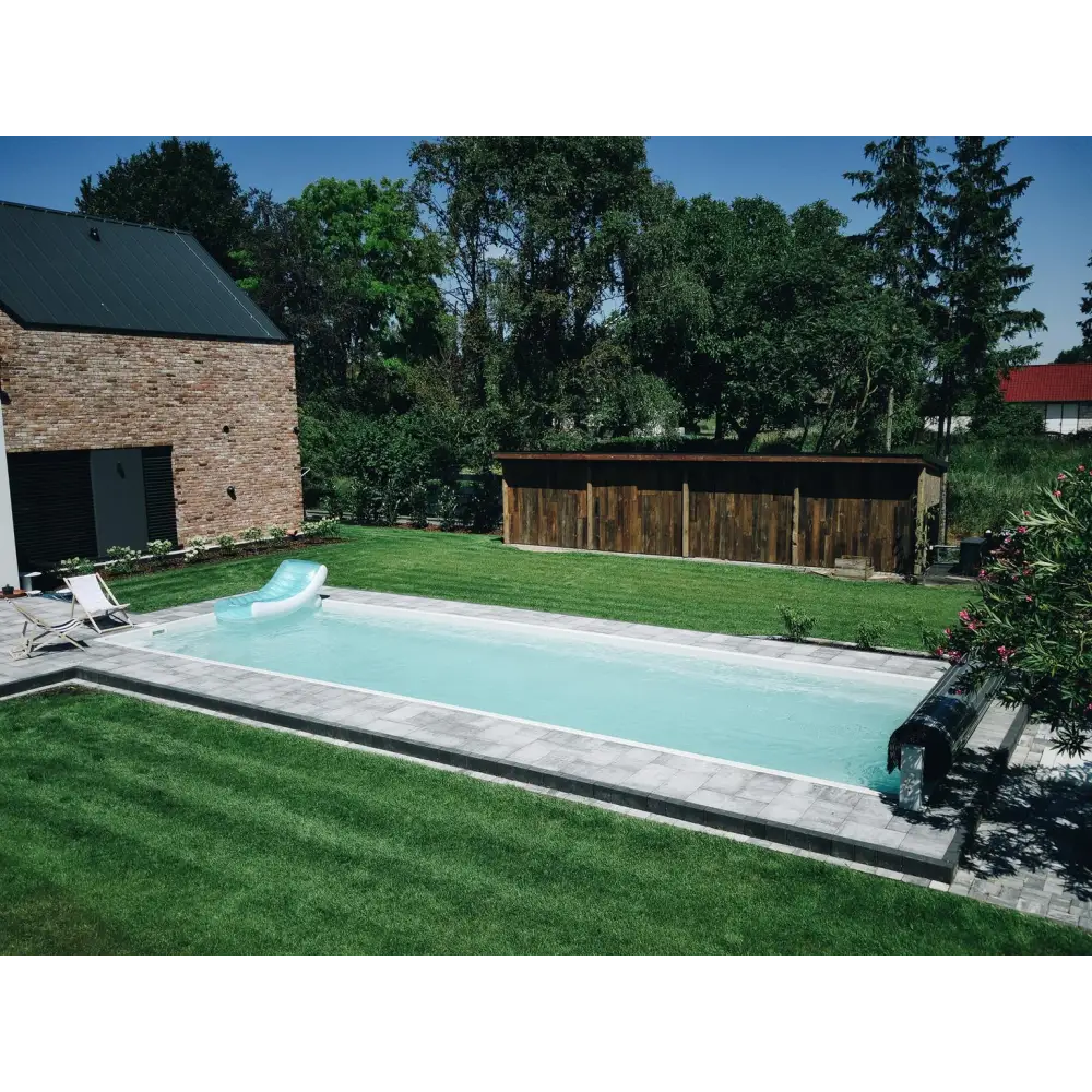 Rektangulär uppblåsbar svanflotte för glasfiberpool Jamaika 25x3 75x1 50m med turkost vatten