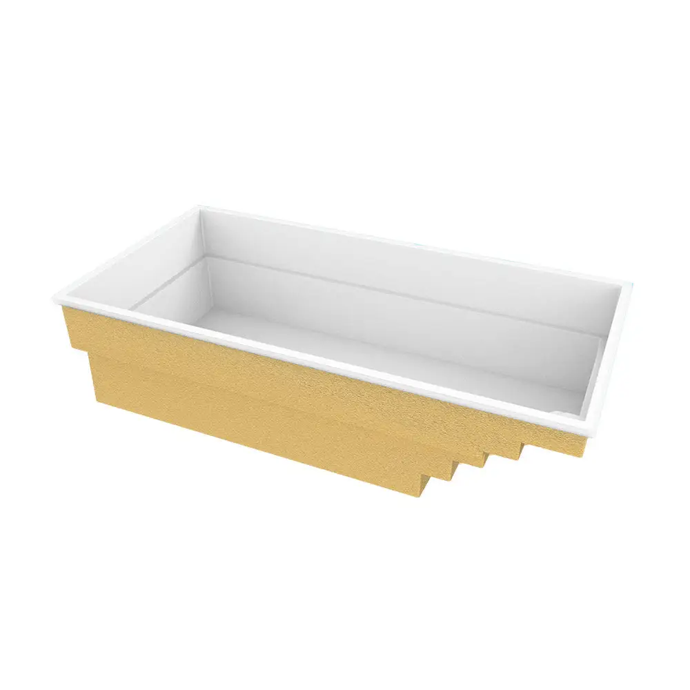 Glasfiberpool Saba med guldvit rektangulär planter och klart blått vatten