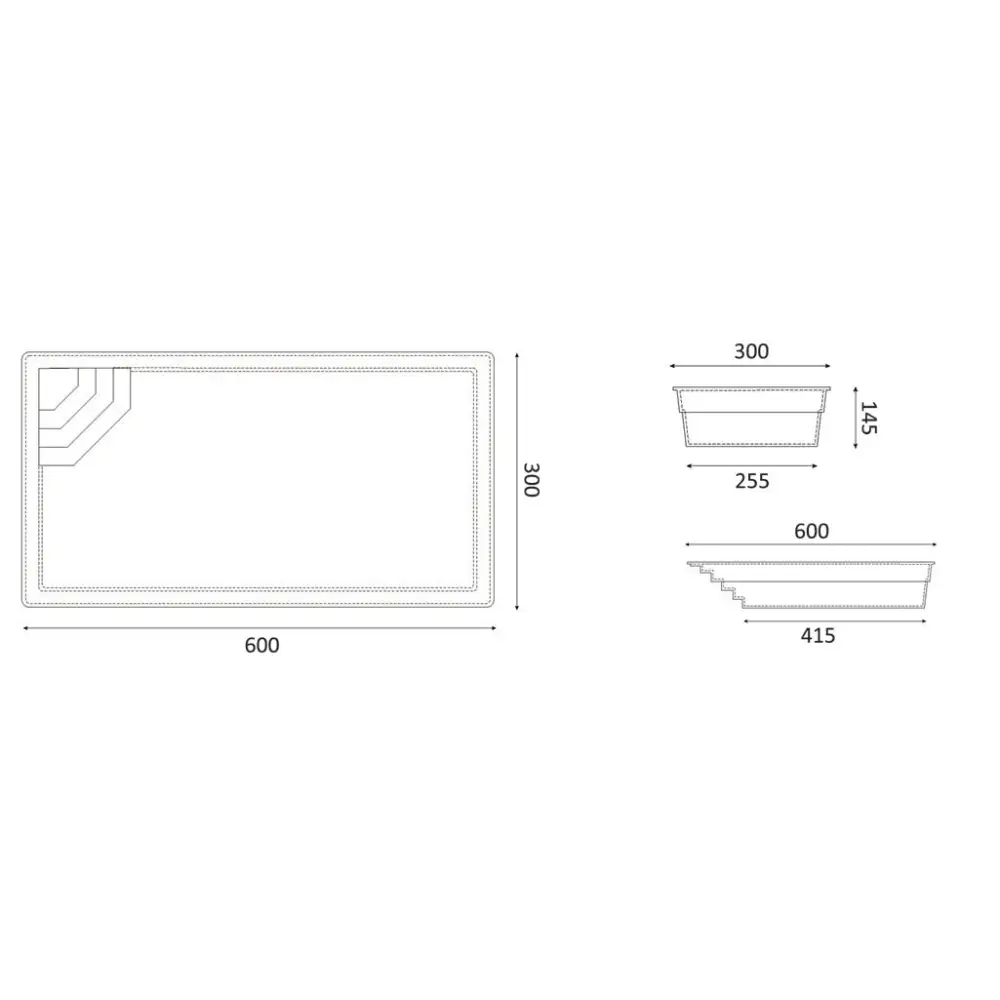Glasfiberpool Saba med rektangulär planter och klart blått vatten