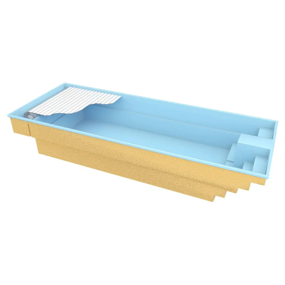 Ljusblå glasfiberpool Trinidad med inbyggt poolöverdrag och steg