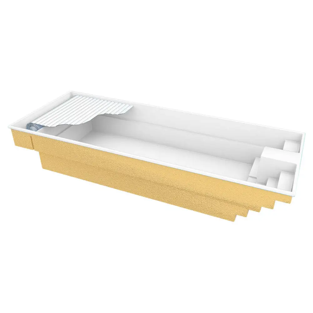 Gul glasfiberpool Trinidad med vit interiör, inbyggda steg och poolöverdrag