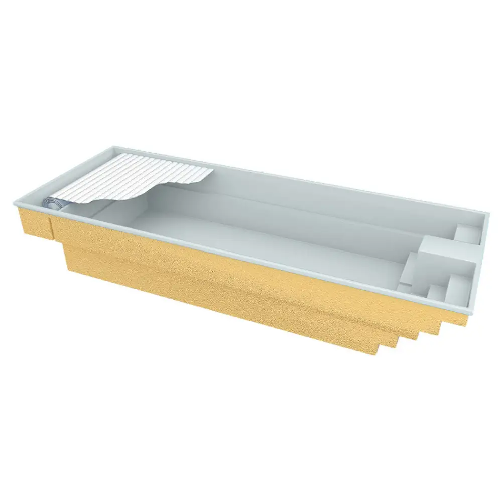 Gul glasfiberpool Trinidad med inbyggt poolöverdrag och blå kakel