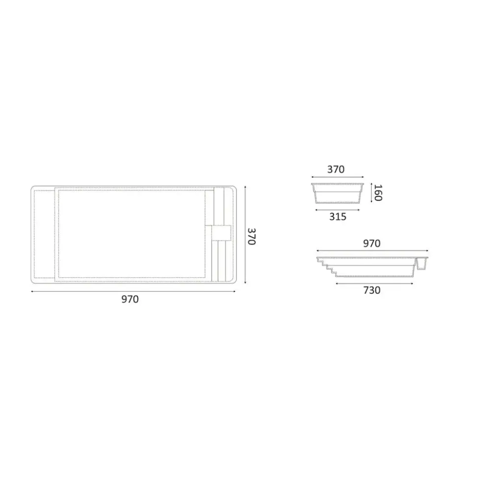 Glasfiberpool Trinidad med blå kakel och inbyggt poolöverdrag, teknisk ritning