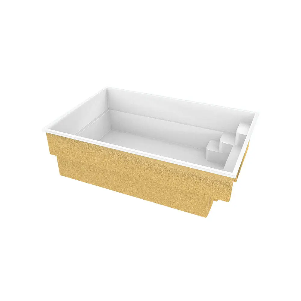 Gul glasfiberpool Victoria med bekväm sittplats och turkost vatten