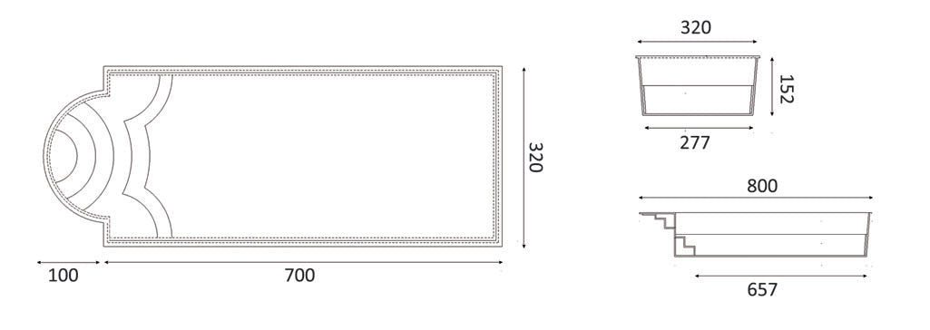 Glassfiberbasseng Haiti 8,00m x 3,20m x 1,52m