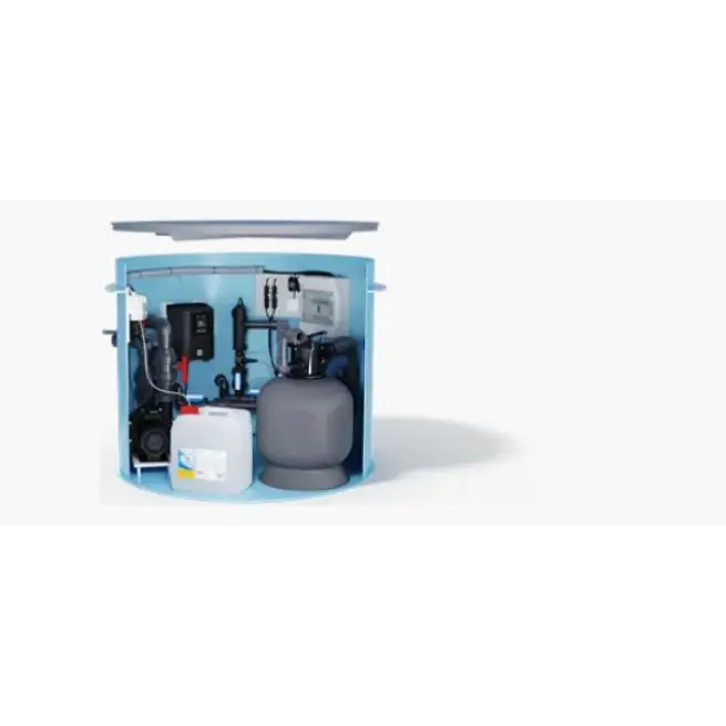 Ljusblå cylindrisk minipool wellness pool-filter med grå tank och vit behållare