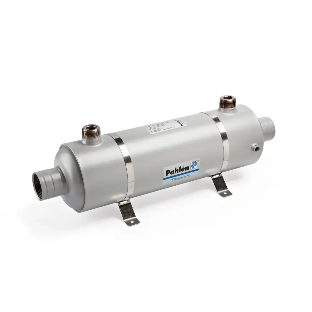 Pahlen Hi-Flow titanium värmeväxlare, silvercylindrisk med gängade portar