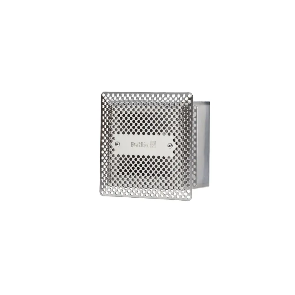 Silvrig perforerad metallavgasfläkt i rostfritt syrafast stål med Pahlke-logo
