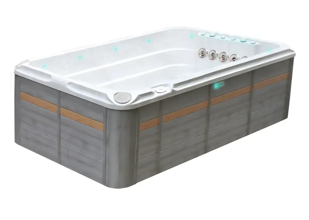 Modern PassionSpa Activity 1 Deep Swim Spa med vit insida, grå träpaneler, tan ränder och LED-belysning
