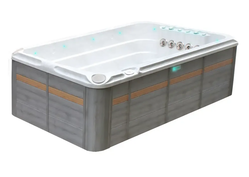 Modern PassionSpa Activity 1 Deep Swim Spa med vit insida, grå träpaneler, tan ränder och LED-belysning