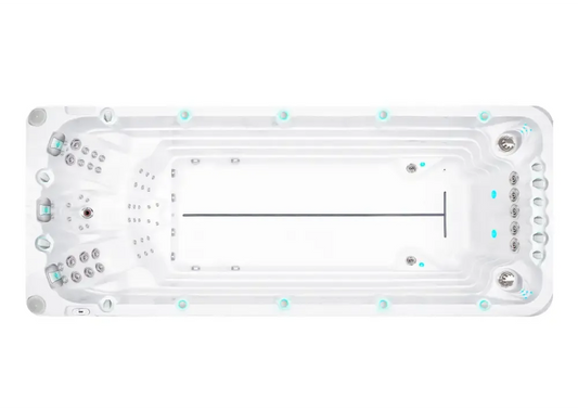 Vit PassionSpa Activity 2 Deep Swim Spa med vit rektangulär form, turkosa accenter och silverjets