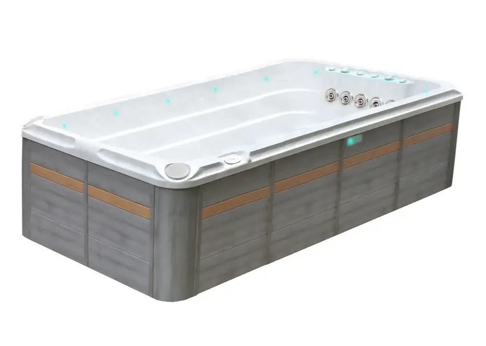 Modern PassionSpa Activity 2 Swim Spa med vit insida, grå träpanel och blå LED